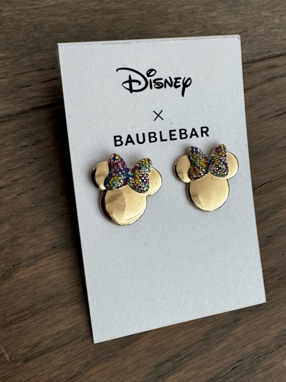 NWOT BaubleBar Gold Minnie Head Stud Earrings with Rainbow Jeweled Bow